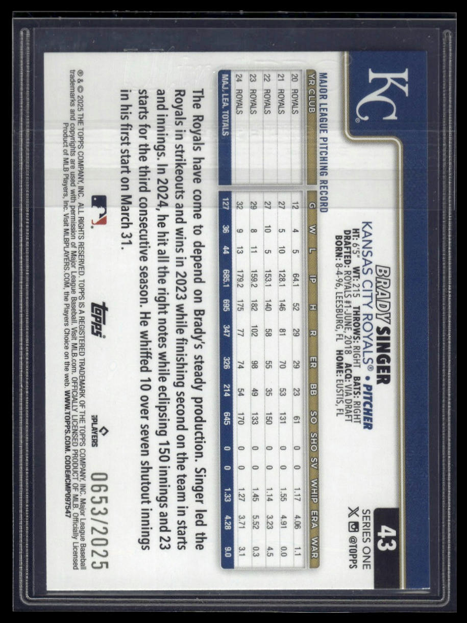 2025 Topps #43 Brady Singer Gold #/2025