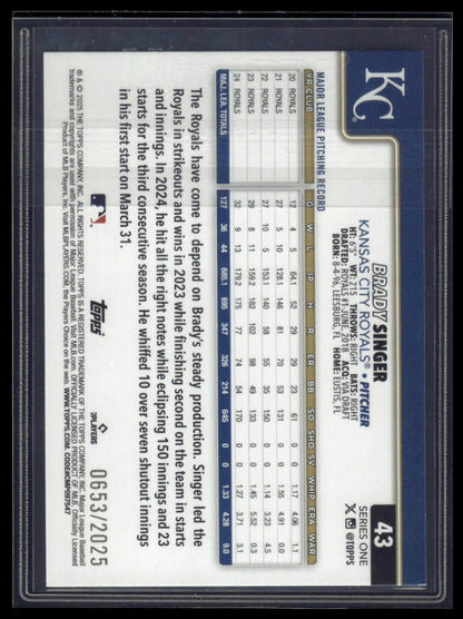 2025 Topps #43 Brady Singer Gold #/2025