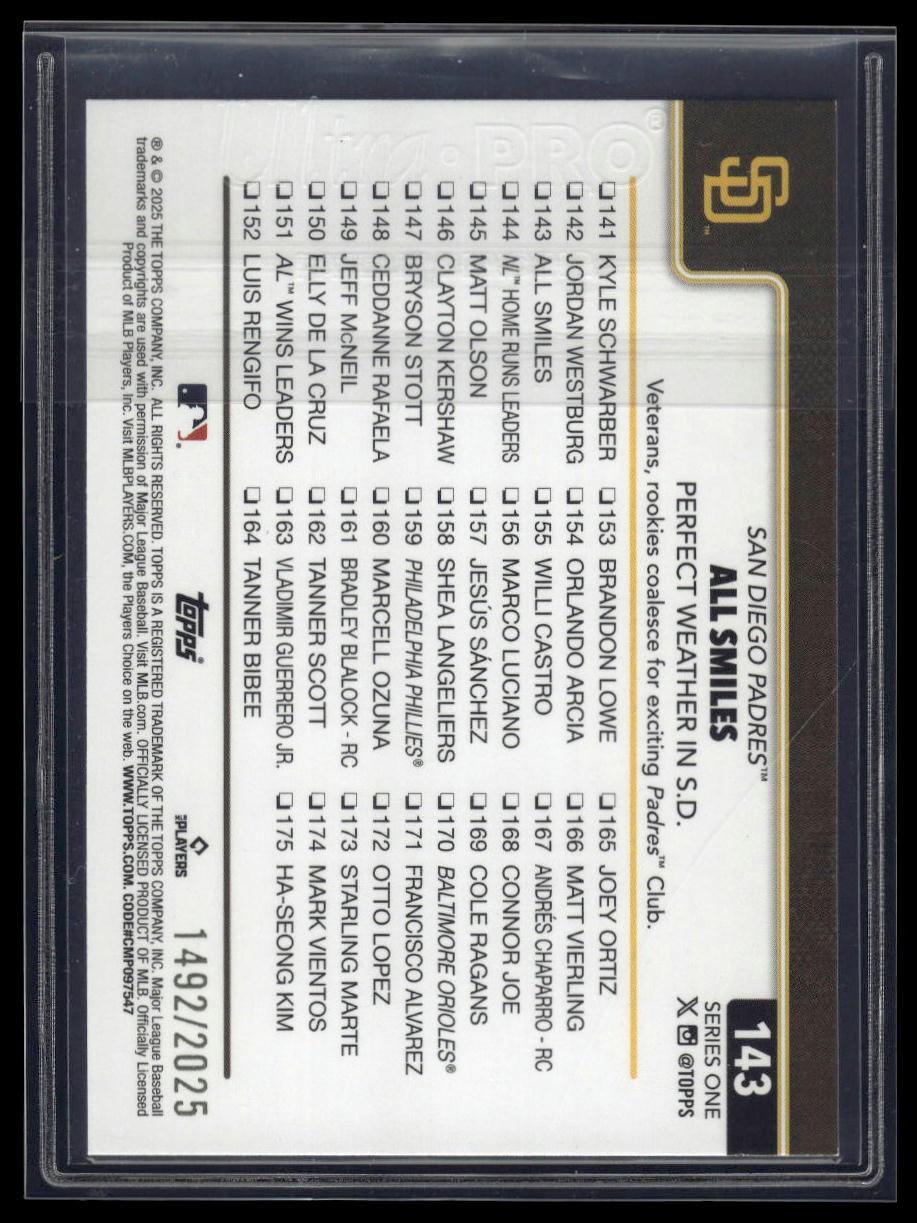2025 Topps Series 1 #143 All Smiles: Perfect Weather in S.D. Gold #/2025