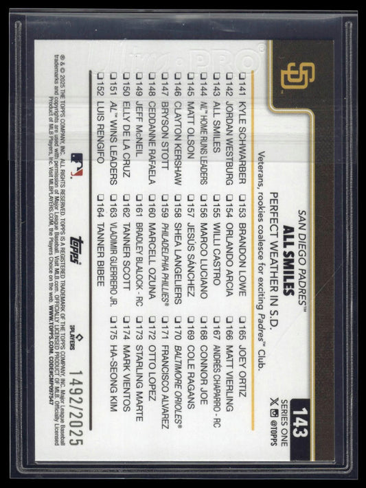 2025 Topps Series 1 #143 All Smiles: Perfect Weather in S.D. Gold #/2025