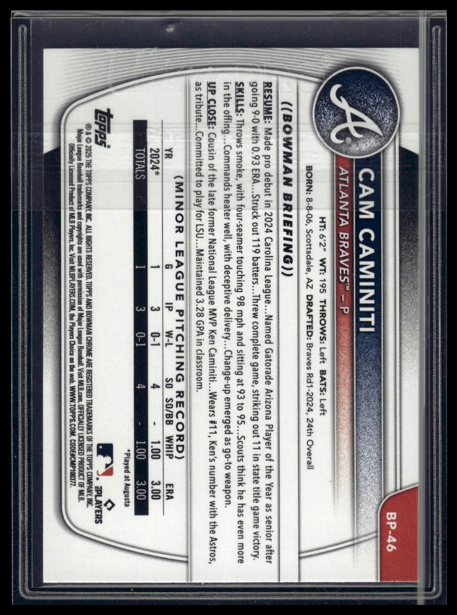 2025 Bowman #BP-46 Cam Caminiti Prospects Sky Blue #/499
