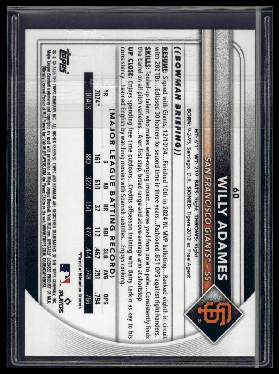 2025 Bowman #60 Willy Adames Sky Blue #/499