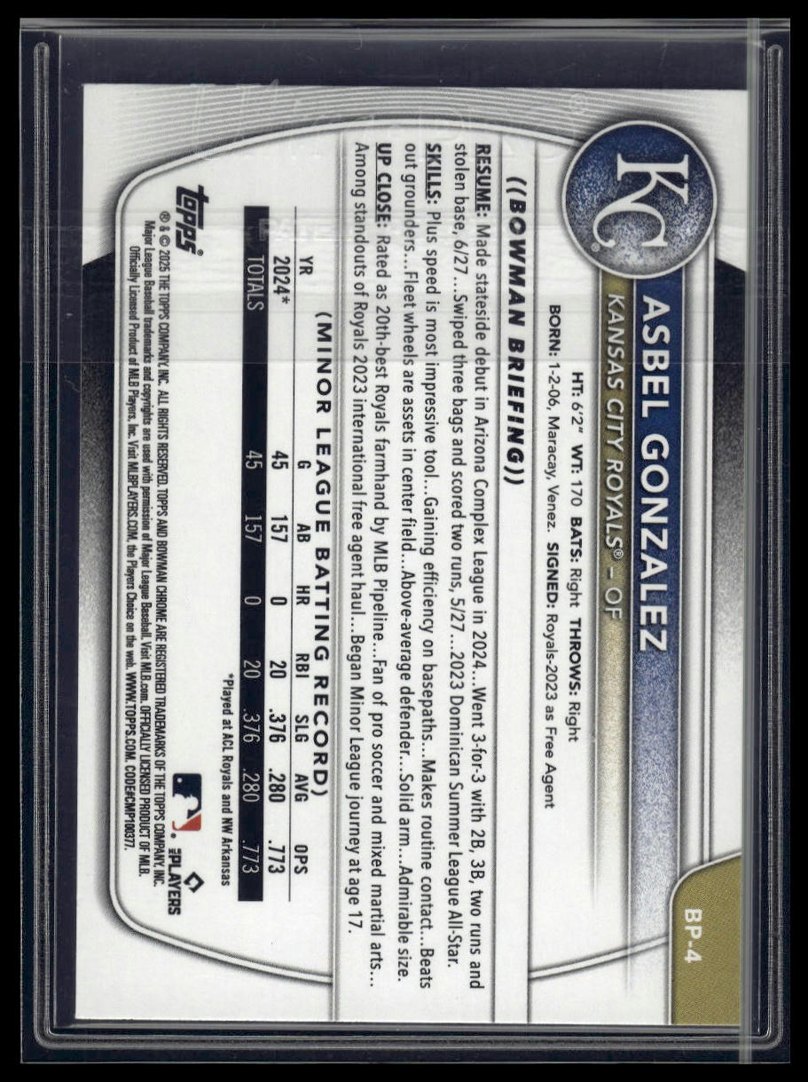 2025 Bowman #BP-4 Asbel Gonzalez Prospects Purple Pattern #/199