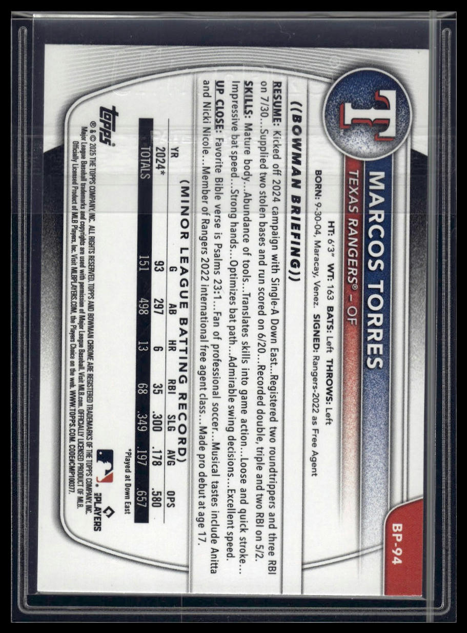 2025 Bowman #BP-94 Marcos Torres Prospects Purple Pattern #/199