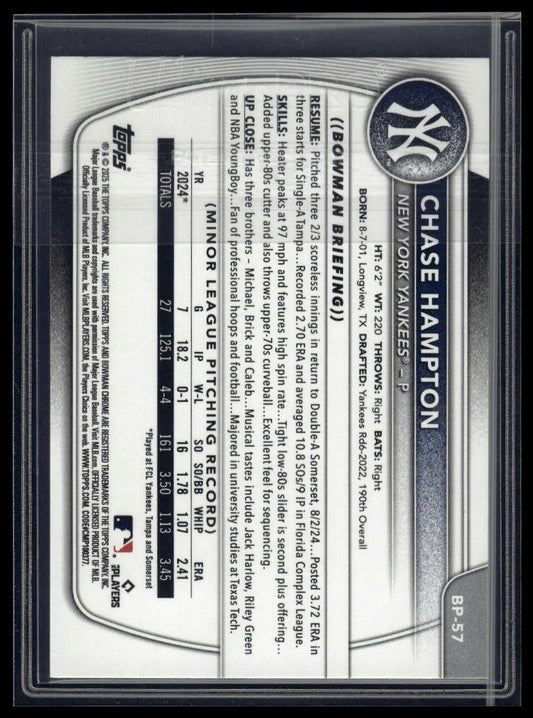 2025 Bowman #BP-57 Chase Hampton Prospects Sky Blue #/499