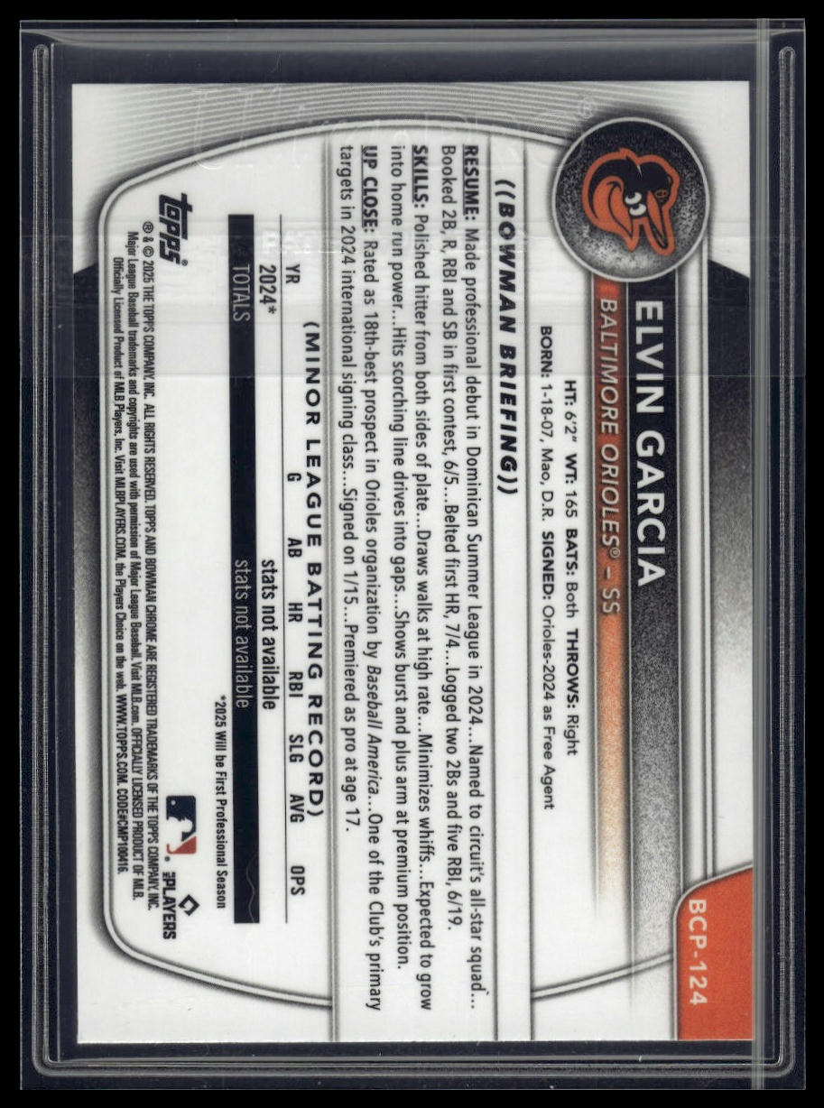 2025 Bowman #BCP-124 Elvin Garcia Chrome Prospects Yellow Refractor #/75