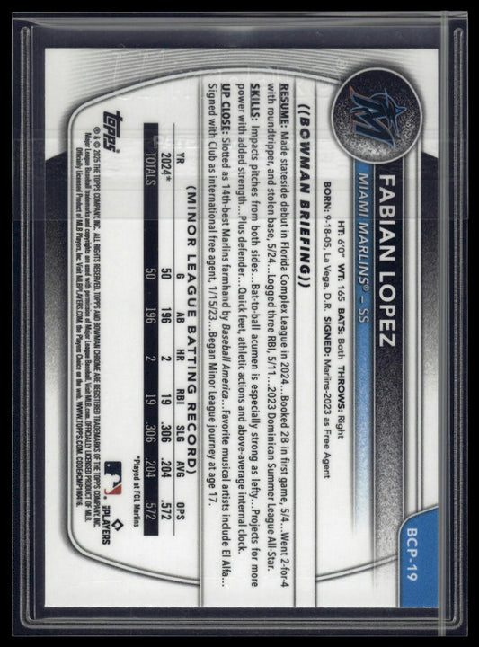 2025 Bowman #BCP-19 Fabian Lopez Chrome Prospects Aqua X-Fractor #/125