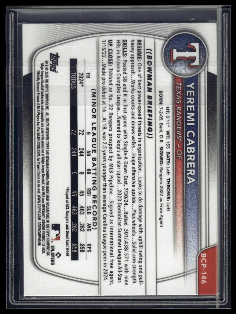 2025 Bowman #BCP-146 Yeremi Cabrera Chrome Prospects Yellow X-Fractor