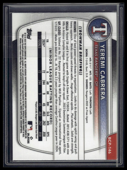 2025 Bowman #BCP-146 Yeremi Cabrera Chrome Prospects Yellow X-Fractor