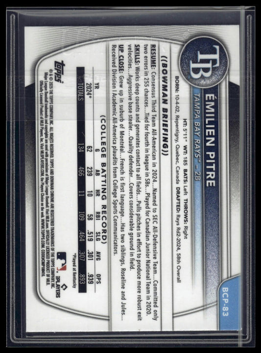 2025 Bowman #BCP-83 Émilien Pitre Chrome Prospects Purple Raywave Refract #/250