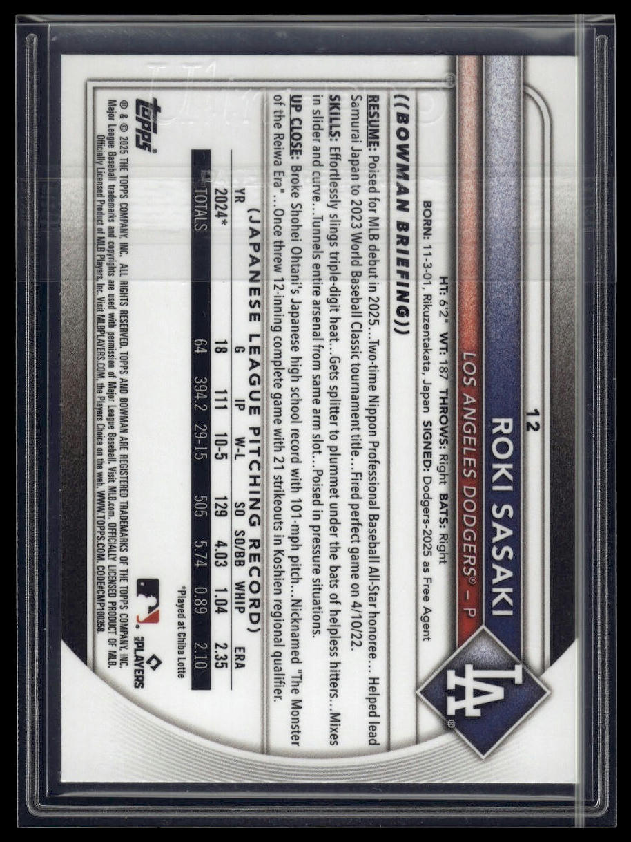 2025 Bowman #12 Roki Sasaki Bowman Chrome Red Rookie Logo