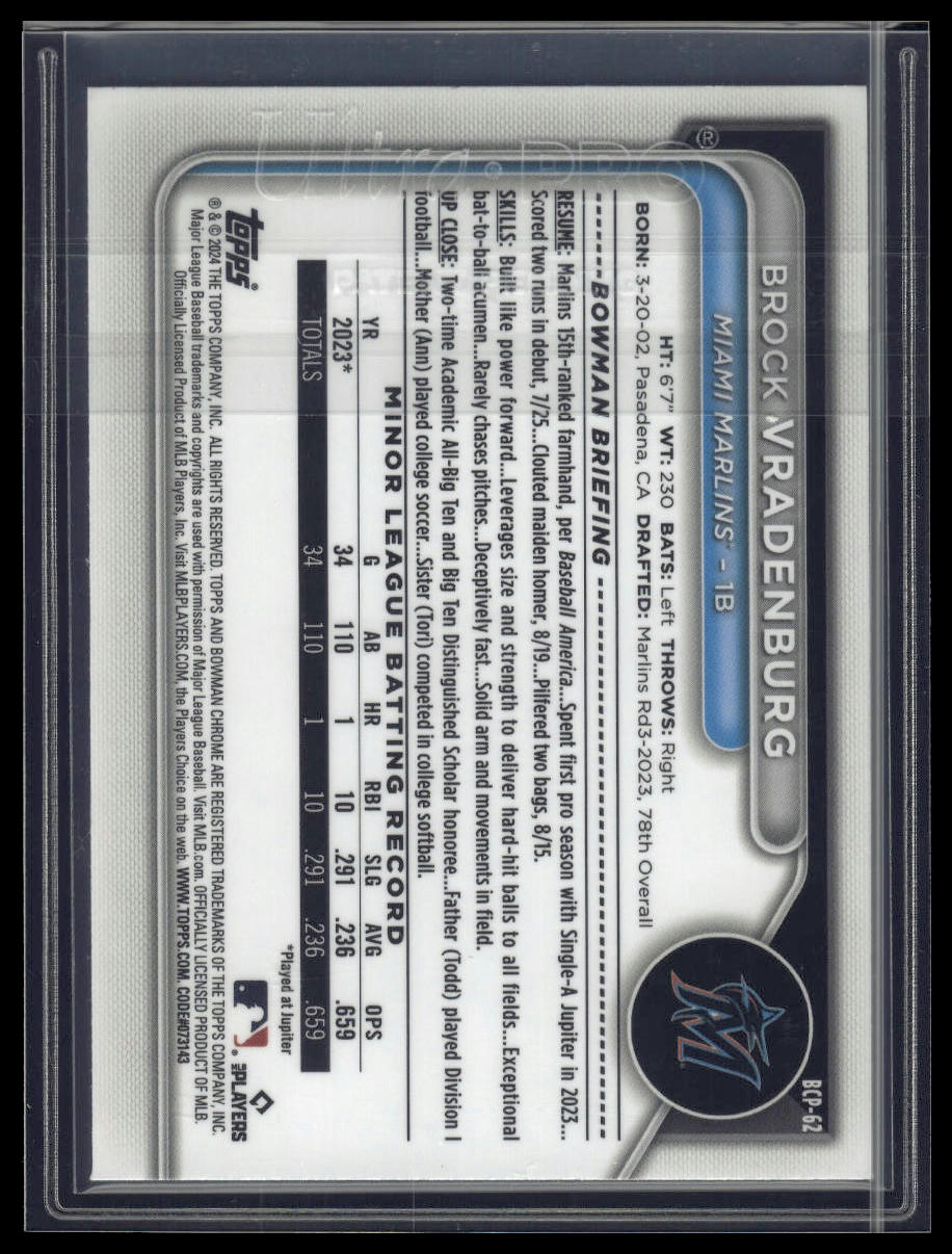 2024 Bowman #BCP-62 Brock Vradenburg Chrome Prospects Lunar Glow Refractors