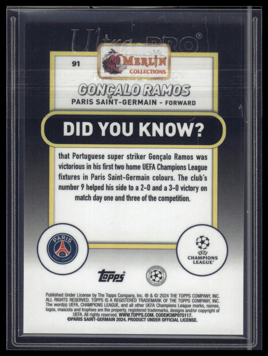 2023-24 Merlin UEFA Club Competitions #91 Gonçalo Ramos Aqua Refractor #/199