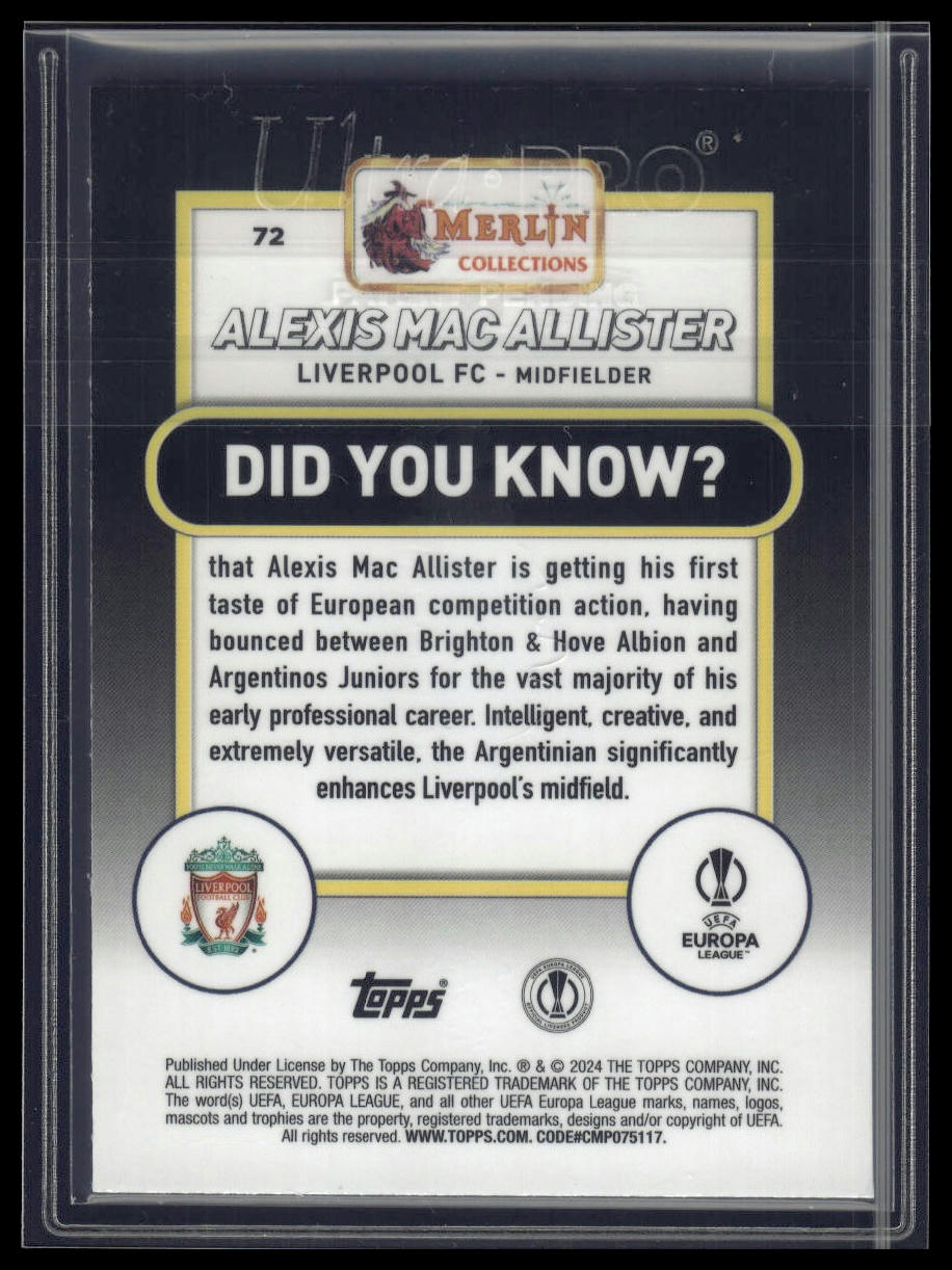 2023-24 Merlin UEFA Club #72 Alexis Mac Allister Neon Green Shimmer /399