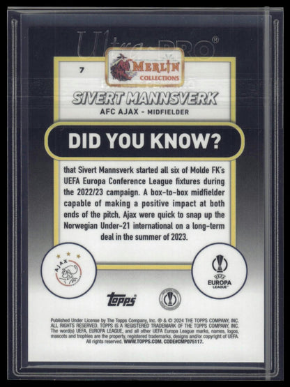 2023-24 Merlin UEFA Club Competitions #7 Sivert Mannsverk Rose Gold Shimmer /299