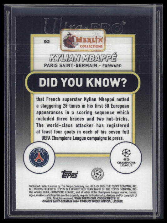 2023-24 Merlin UEFA Club Competitions #92 Kylian Mbappé Blue Refractor #/75