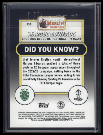 2023-24 Merlin UEFA Club Competitions #116 Marcus Edwards Yellow Shimmer /175