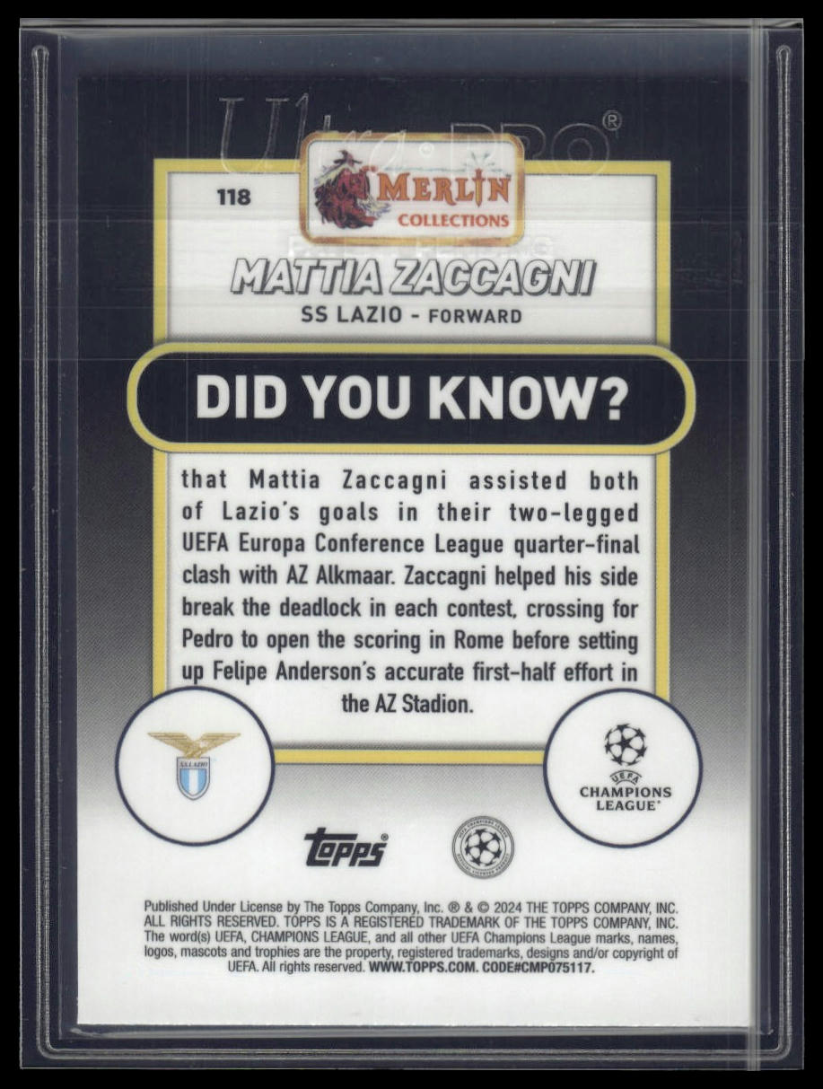 2023-24 Merlin UEFA Club Competitions #118 Mattia Zaccagni Green Refractor #/99