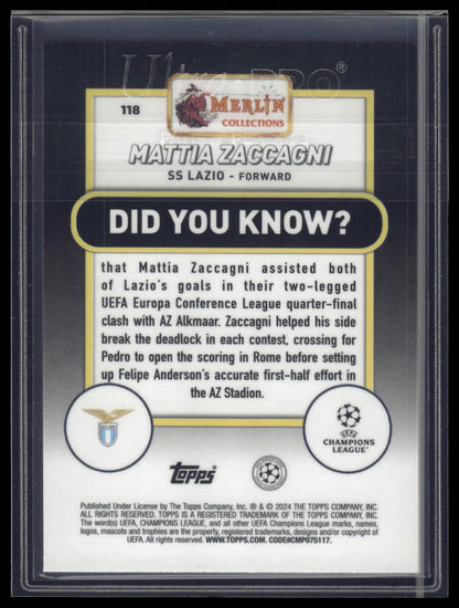 2023-24 Merlin UEFA Club Competitions #118 Mattia Zaccagni Green Refractor #/99