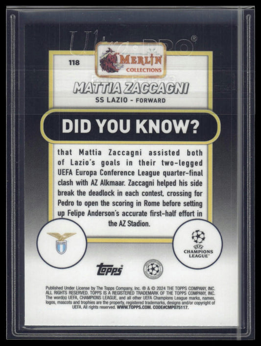 2023-24 Merlin UEFA Club Competitions #118 Mattia Zaccagni Green Refractor #/99