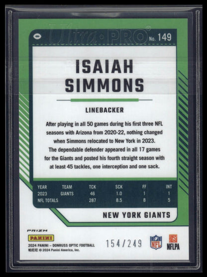 2024 Donruss Optic #149 Isaiah Simmons Orange #/249