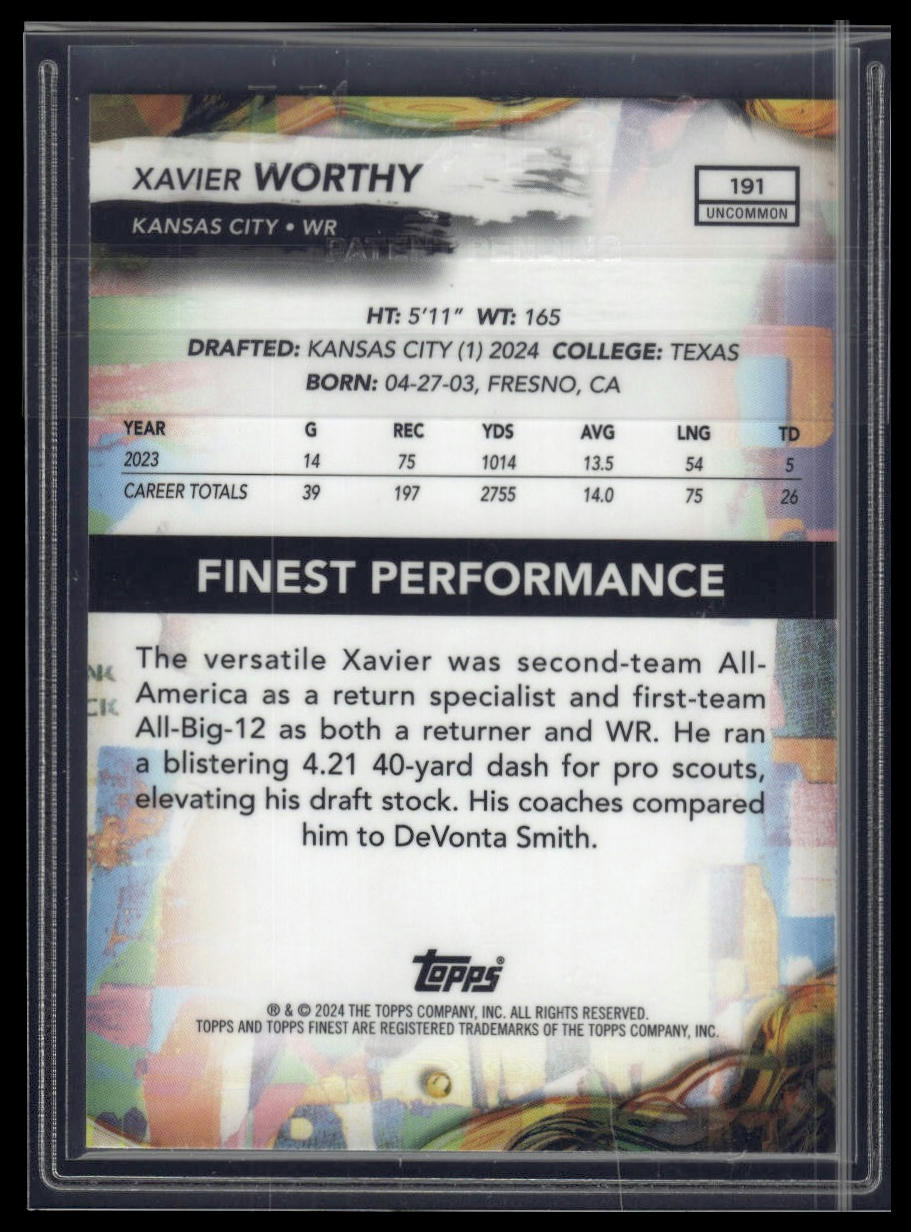 2024 Finest #191 Xavier Worthy Purple Checkerboard Refractor #/99