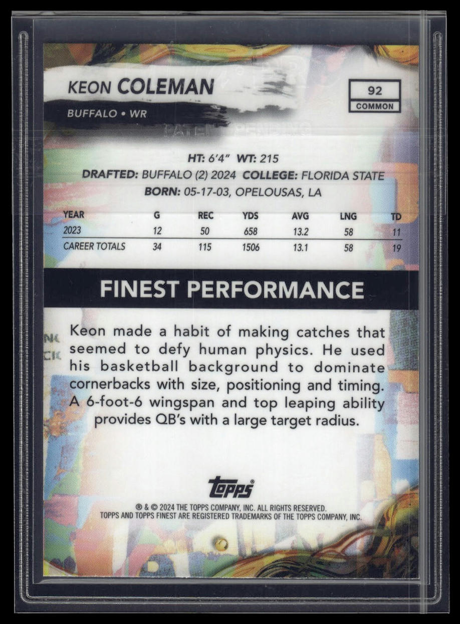 2024 Finest #92 Keon Coleman Blue Refractor #/200