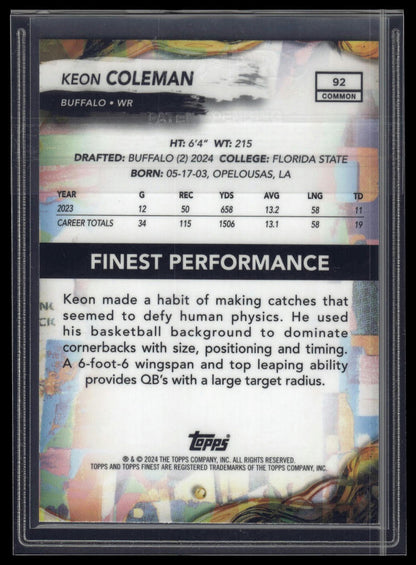 2024 Finest #92 Keon Coleman Blue Refractor #/200