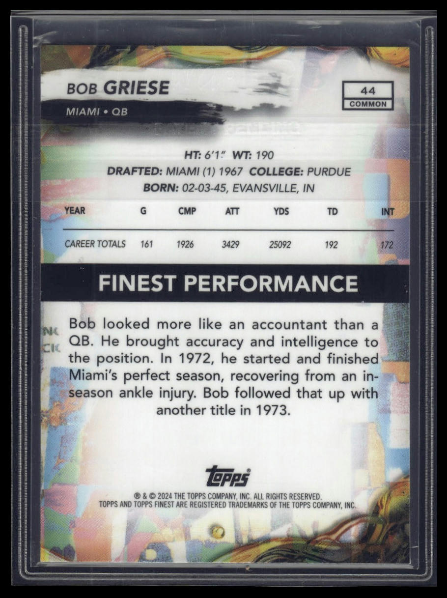 2024 Finest #44 Bob Griese Purple Checkerboard Refractor #/150