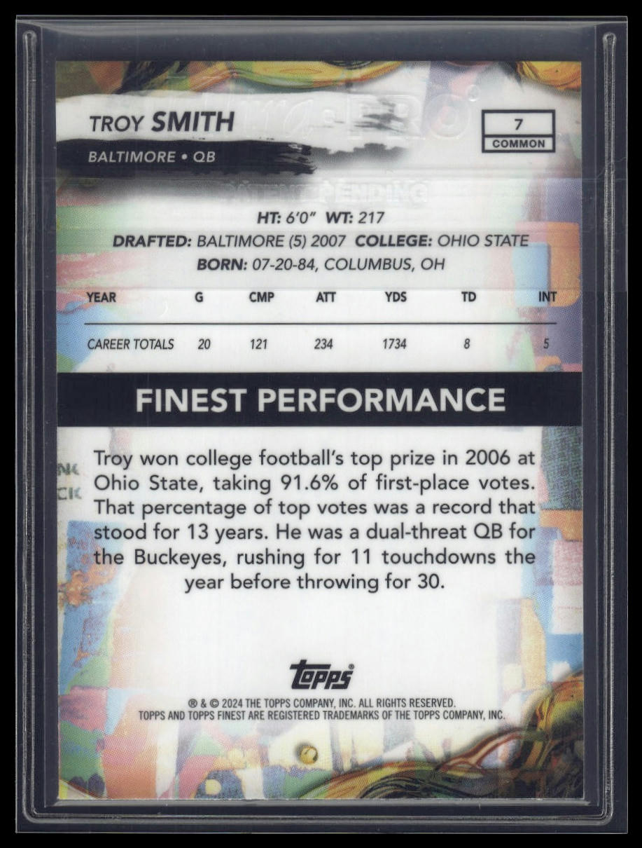 2024 Finest #7 Troy Smith Purple Refractor #/250