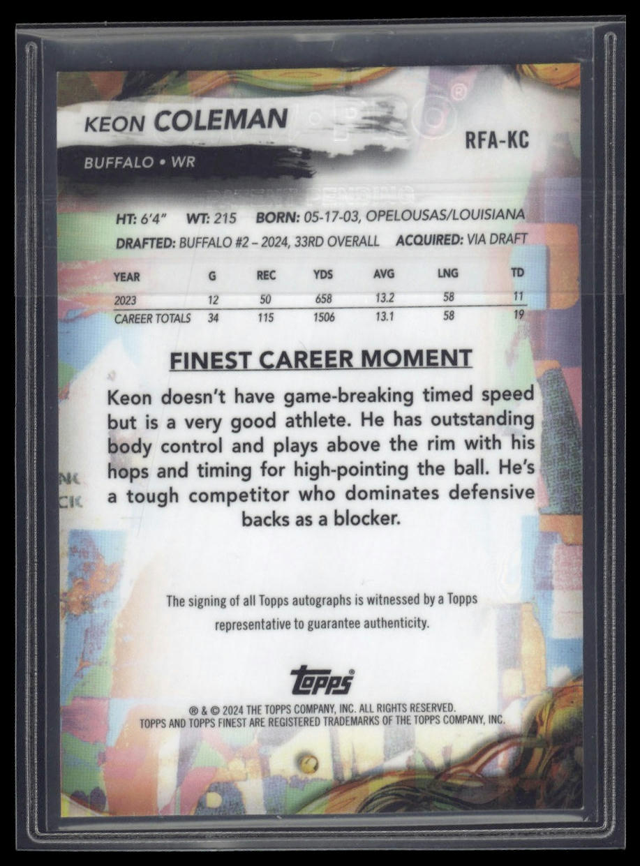 2024 Finest #RFA-KC Keon Coleman Rookie Finest Autographs Black Refractor #/25