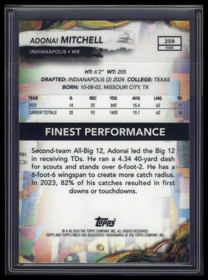 2024 Finest #259 Adonai Mitchell Purple Checkerboard Refractor #/75
