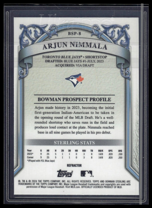 2024 Bowman Sterling #BSP-8 Arjun Nimmala Refractor #/199