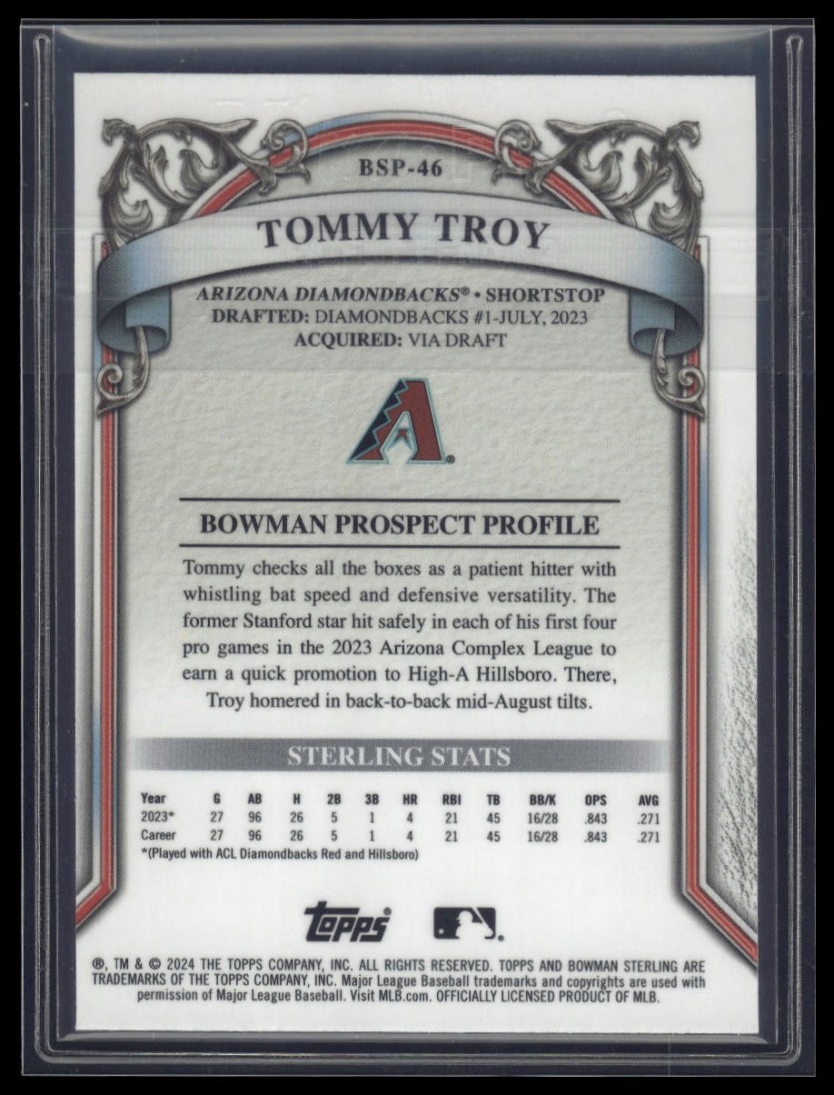 2024 Bowman Sterling #BSP-46 Tommy Troy Blue Sterling Scintillate Refractor #/25