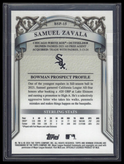 2024 Bowman Sterling #BSP-15 Samuel Zavala Speckle Refractor #/99