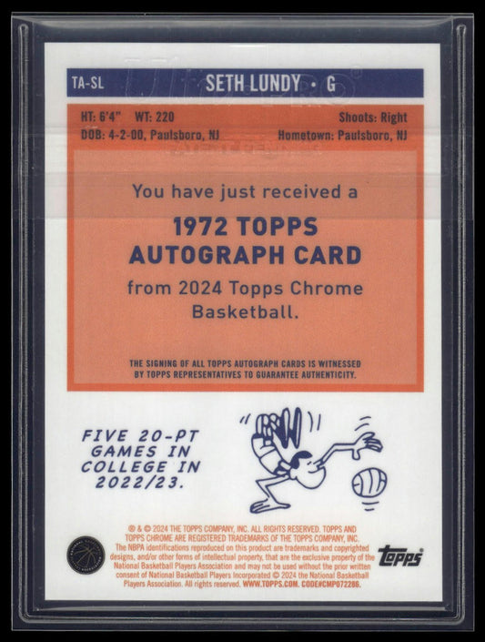 2023-24 Topps Chrome #TA-SL Seth Lundy 1972 Topps Autographs