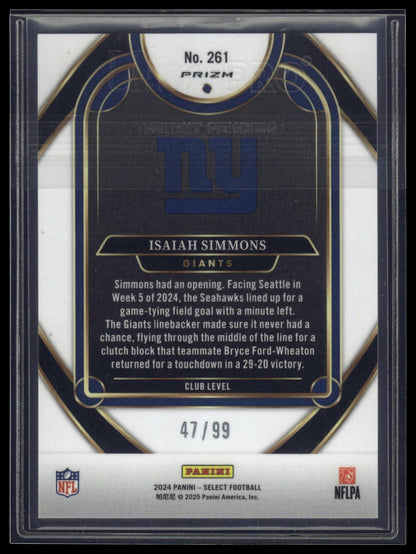 2024 Panini Select #261 Isaiah Simmons Blue Prizm #/99