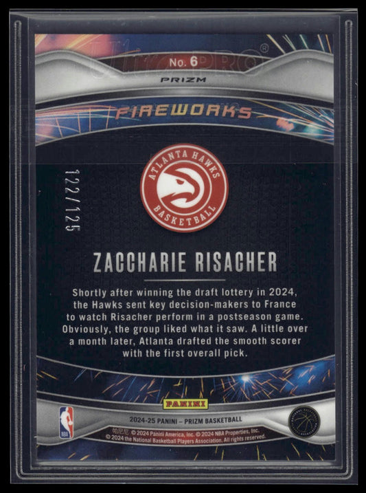 2024-25 Panini Prizm #6 Zaccharie Risacher Fireworks Prizms Blue Ice #/125