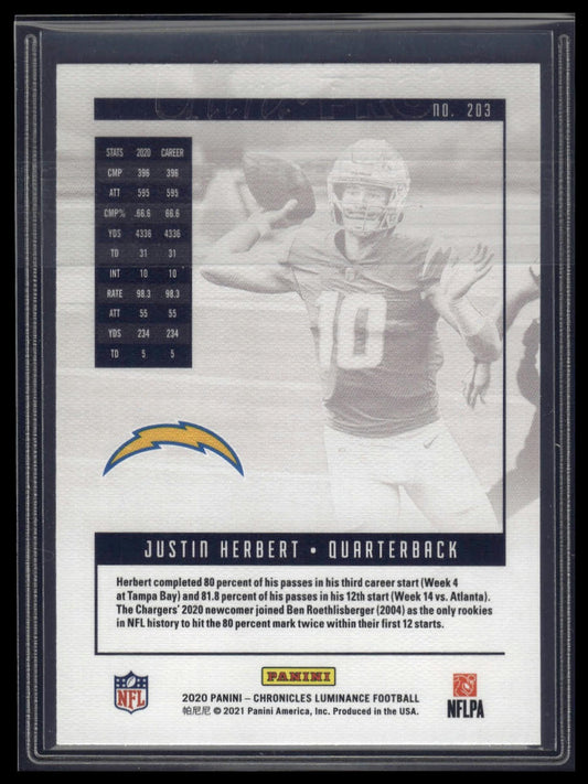 2020 Panini Chronicles #203 Justin Herbert Luminance Update Rookies Bronze