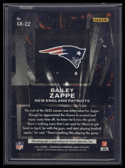 2022 Panini Chronicles #GK-22 Bailey Zappe Gridiron Kings Bronze