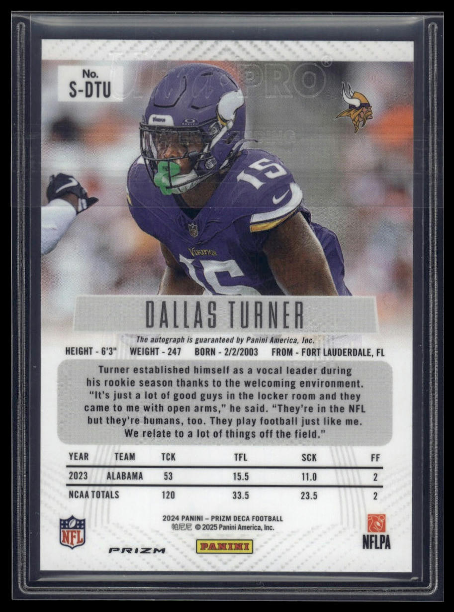 2024 Panini Prizm Deca #S-DTU Dallas Turner Signatures Silver Prizms