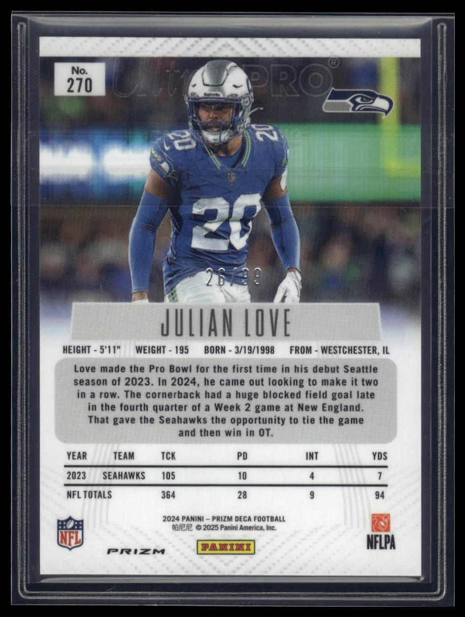 2024 Panini Prizm Deca #270 Julian Love Purple Prizms #/99
