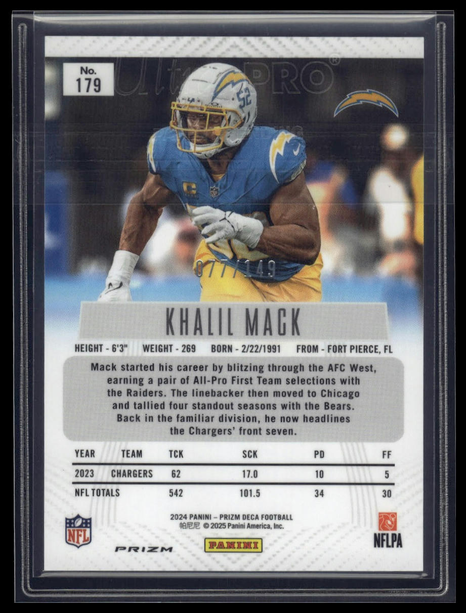 2024 Panini Prizm Deca #179 Khalil Mack Blue Prizms #/149
