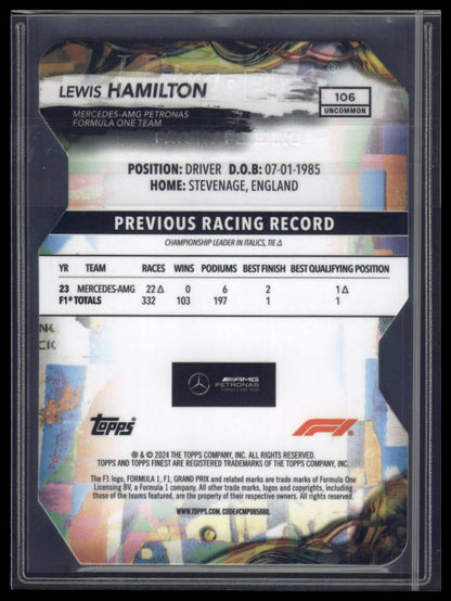 2024 Topps Finest Formula 1 #106 Lewis Hamilton Refractors Die Cut #/75