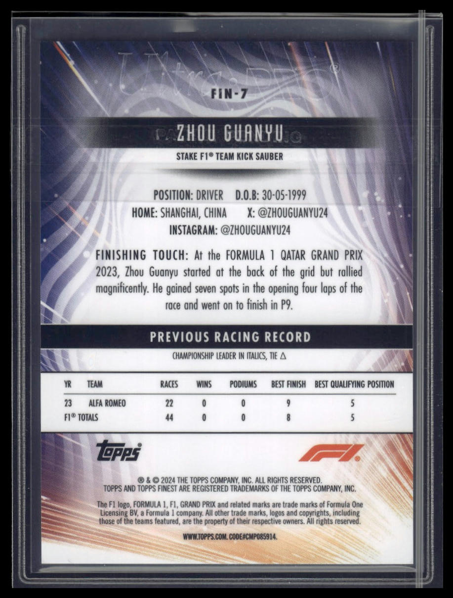 2024 Topps Finest Formula 1 #FIN-7 Zhou Guanyu Finishers Gold Refractor #/50