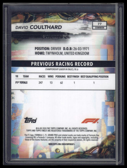 2024 Topps Finest Formula 1 #77 David Coulthard Red/Black Vapor Refractors #/20