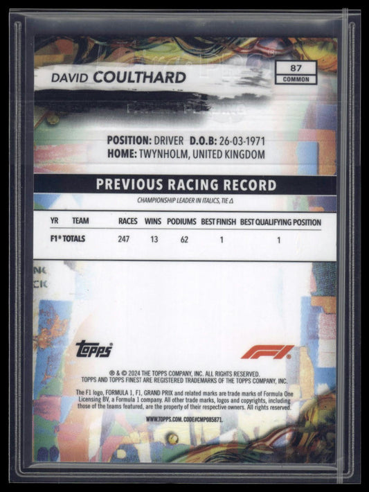 2024 Topps Finest Formula 1 #87 David Coulthard Gold Refractors #/50