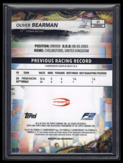 2024 Topps Finest Formula 1 #21 Oliver Bearman Blue Refractors #/200
