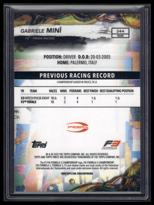 2024 Topps Finest Formula 1 #244 Gabriele Minì Blue Refractors #/99