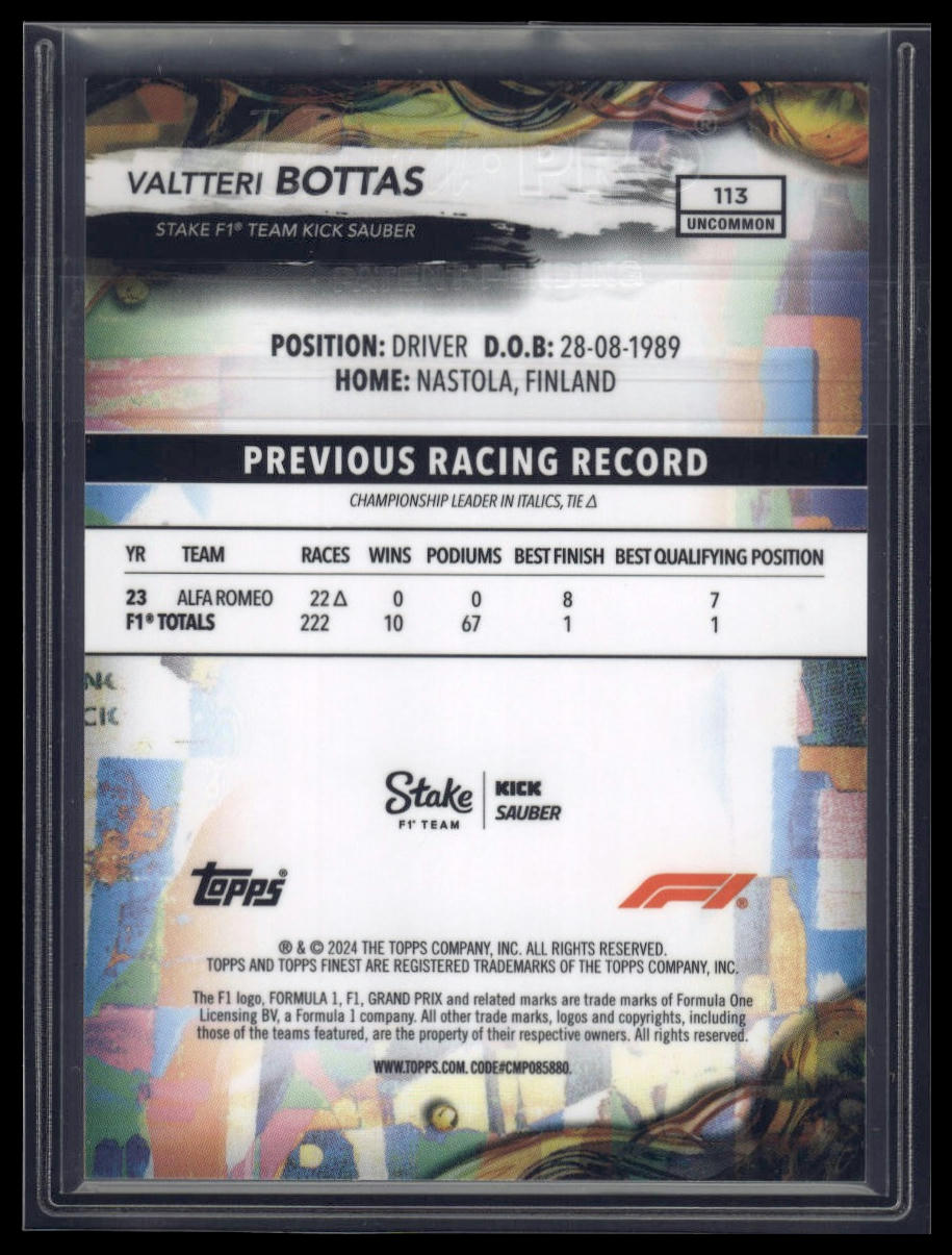 2024 Topps Finest Formula 1 #113 Valtteri Bottas Blue Refractors #/150